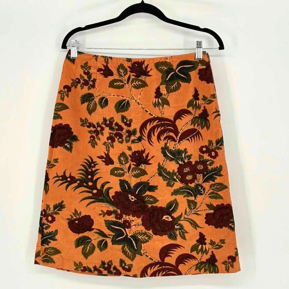 Vtg 80s Bagatelle Tan Red & Green Floral Corduroy A-Line Midi Skirt - Size S